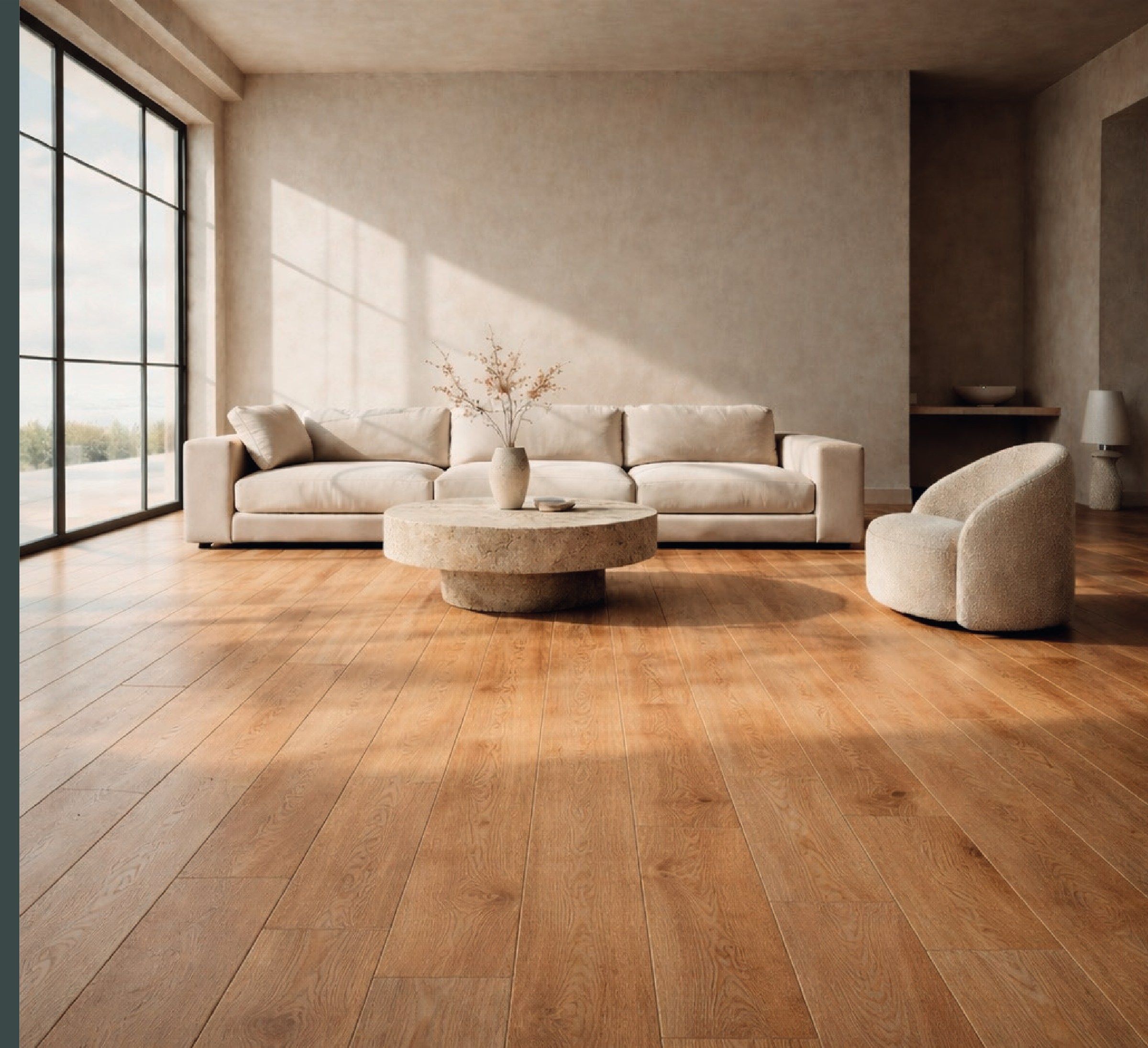 Piso SPC Nudra con apariencia de madera natural instalado en un interior contemporáneo en San Luis Potosí