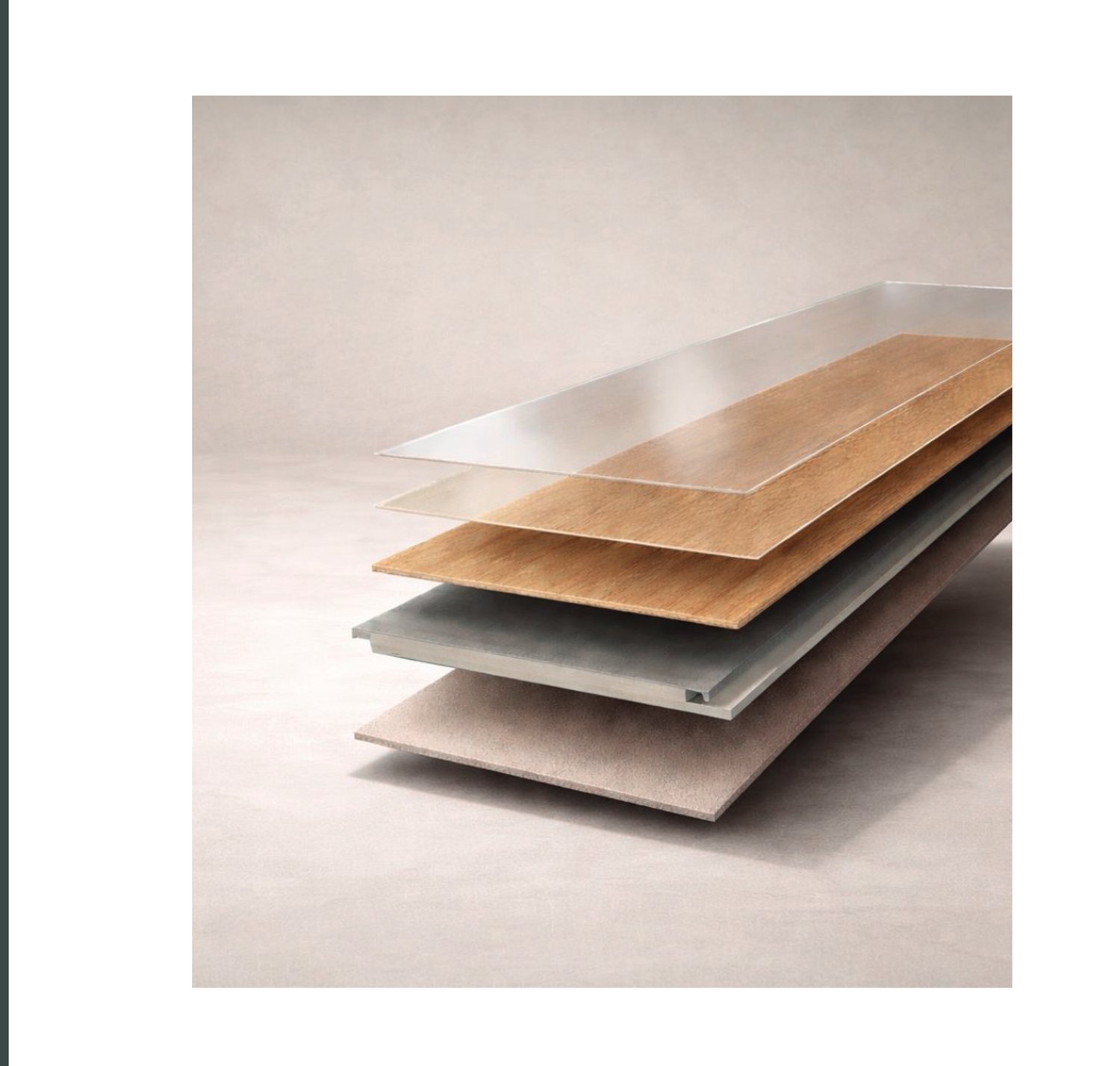 Capas de un piso SPC Nudra: capa protectora, diseño madera, núcleo rígido SPC y base XPE